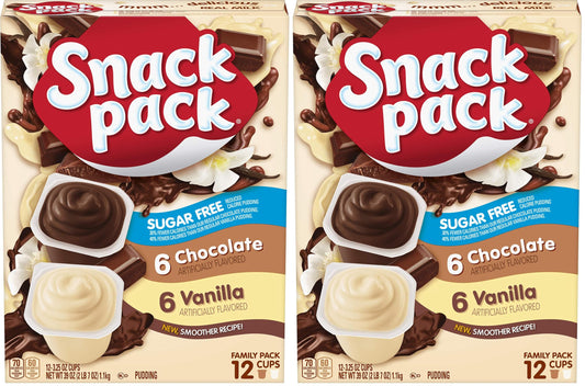Snack Pack Sugar Free Chocolate and Vanilla Flavored Pudding Family Pack, Lunchbox Snack, 12 Count Pudding Cups