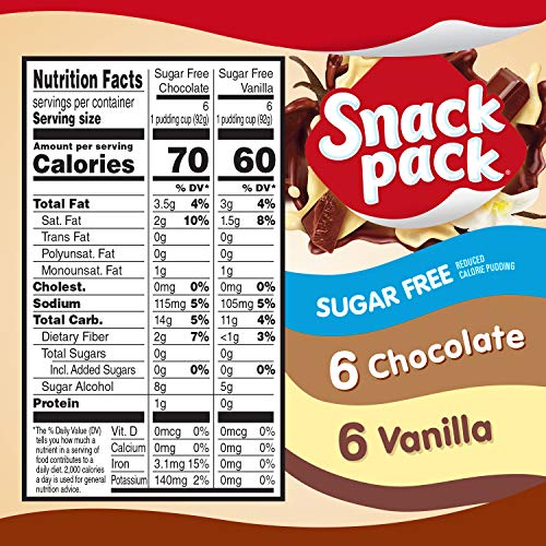 Snack Pack Sugar Free Chocolate and Vanilla Flavored Pudding Family Pack, Lunchbox Snack, 12 Count Pudding Cups