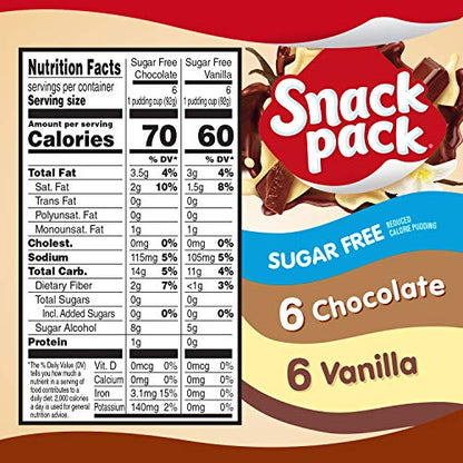 Snack Pack Sugar Free Chocolate and Vanilla Flavored Pudding Family Pack, Lunchbox Snack, 12 Count Pudding Cups