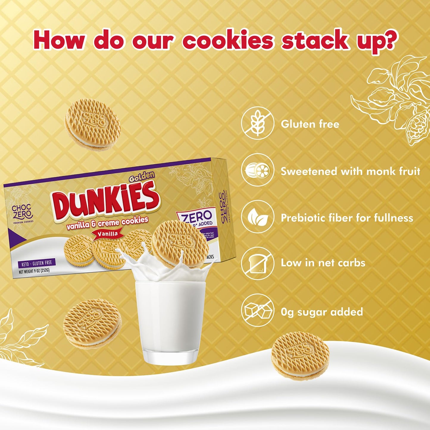 ChocZero Keto Chocolate Sandwich Cookies with Creme - Low Sugar Gluten Free Dunkies (1 Box, 9oz)