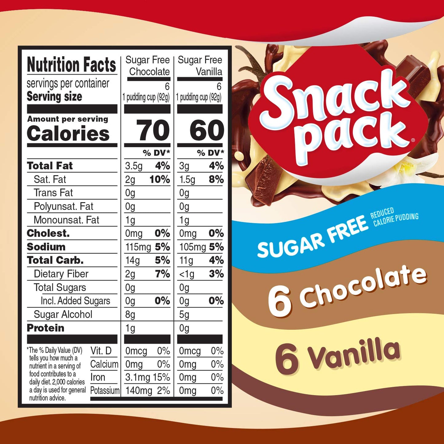 Snack Pack Sugar Free Chocolate and Vanilla Flavored Pudding Family Pack, Lunchbox Snack, 12 Count Pudding Cups