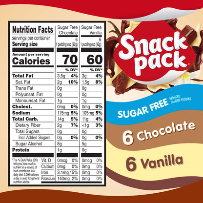 Snack Pack Sugar Free Chocolate and Vanilla Flavored Pudding Family Pack, Lunchbox Snack, 12 Count Pudding Cups