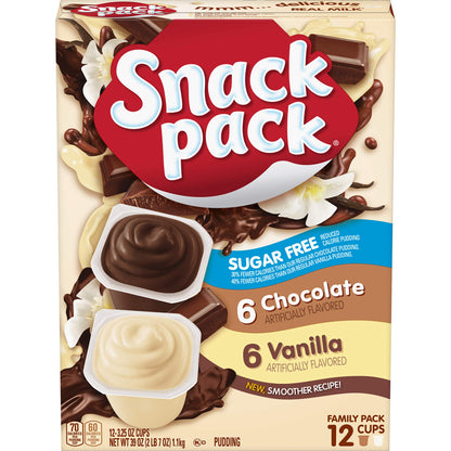 Snack Pack Sugar Free Chocolate and Vanilla Flavored Pudding Family Pack, Lunchbox Snack, 12 Count Pudding Cups
