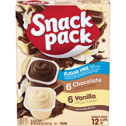 Snack Pack Sugar Free Chocolate and Vanilla Flavored Pudding Family Pack, Lunchbox Snack, 12 Count Pudding Cups