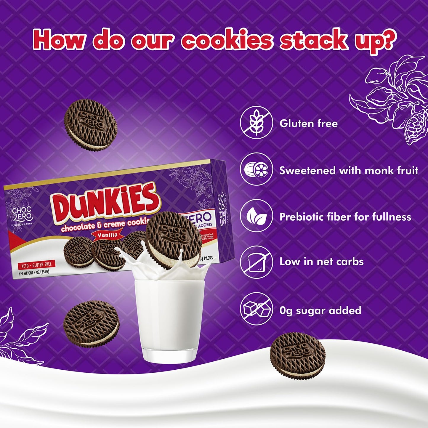 ChocZero Keto Chocolate Sandwich Cookies with Creme - Low Sugar Gluten Free Dunkies (1 Box, 9oz)