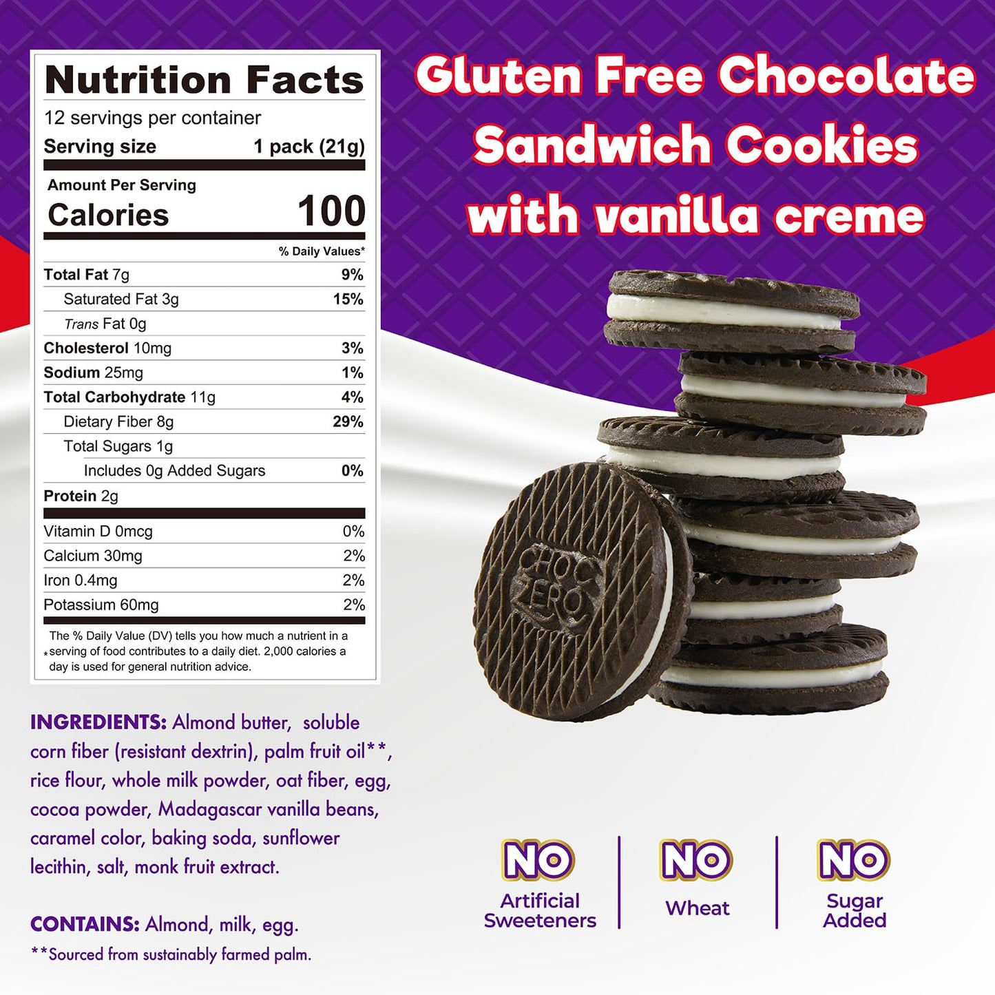 ChocZero Keto Chocolate Sandwich Cookies with Creme - Low Sugar Gluten Free Dunkies (1 Box, 9oz)