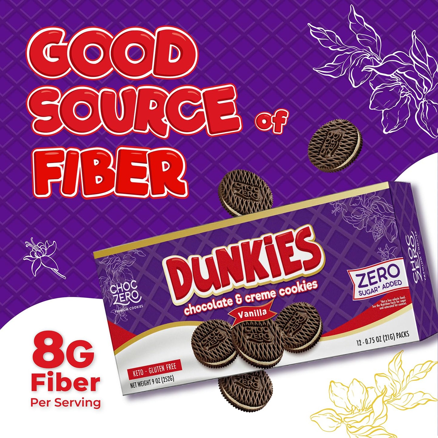 ChocZero Keto Chocolate Sandwich Cookies with Creme - Low Sugar Gluten Free Dunkies (1 Box, 9oz)