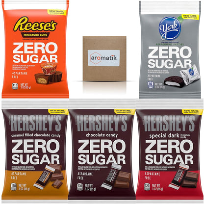 Sugar Free Candy Sugar Free Chocolate 5 Variety Pack - Reese’s Cups, York Mint Patties, Special Dark, Milk Chocolate, and Caramel | Zero Sugar | 3 Ounce Bags (5 Pack) - Ships in an Aromatik™ damage proof box