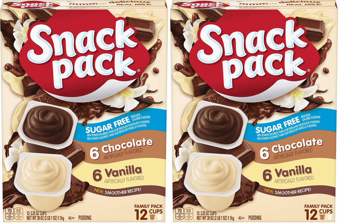 Snack Pack Sugar Free Chocolate and Vanilla Flavored Pudding Family Pack, Lunchbox Snack, 12 Count Pudding Cups