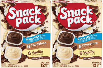 Snack Pack Sugar Free Chocolate and Vanilla Flavored Pudding Family Pack, Lunchbox Snack, 12 Count Pudding Cups