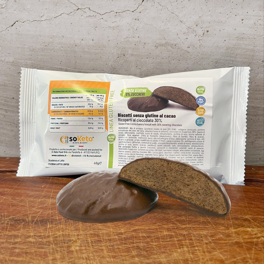 Biscotti KETO SENZA GLUTINE CACAO ricoperti cioccolato 0% zuccheri