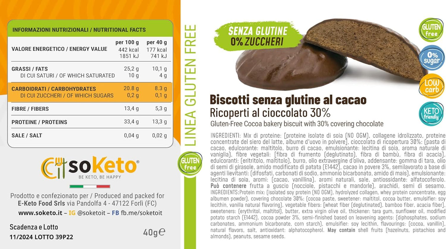 Biscotti KETO SENZA GLUTINE CACAO ricoperti cioccolato 0% zuccheri